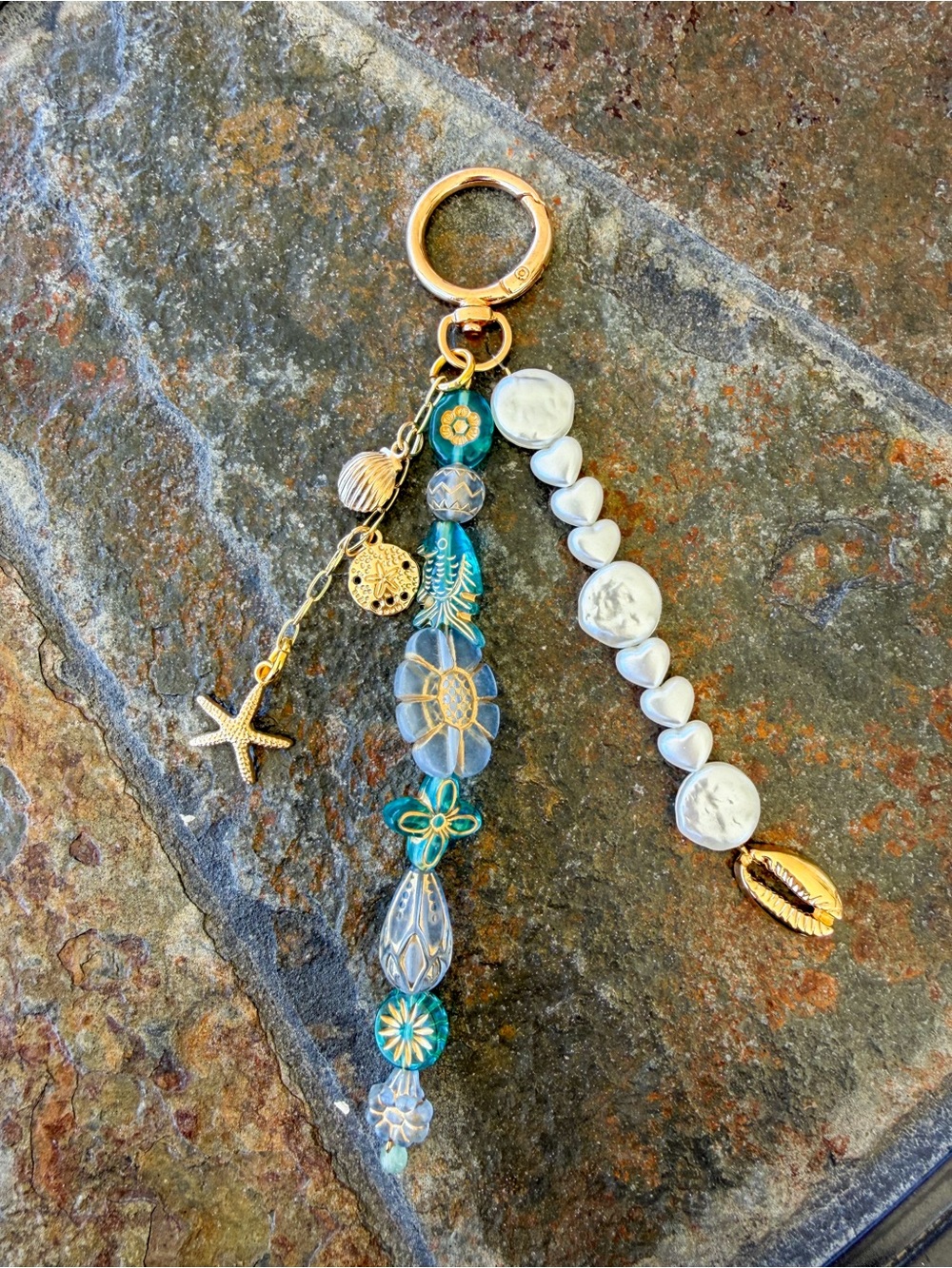 Gold Keyring with Teal Beaded Tassel and Shell Accents